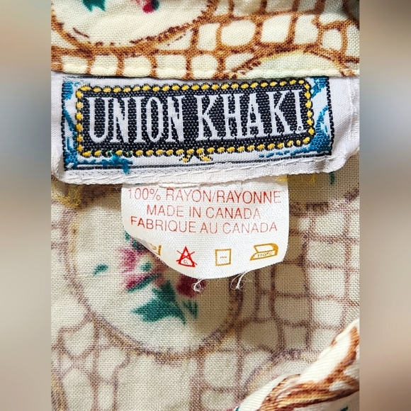 Vintage Union Khaki Floral Beige Woman's Short Sleeve Shirt Size M Shoulder Caps - Picture 4 of 10
